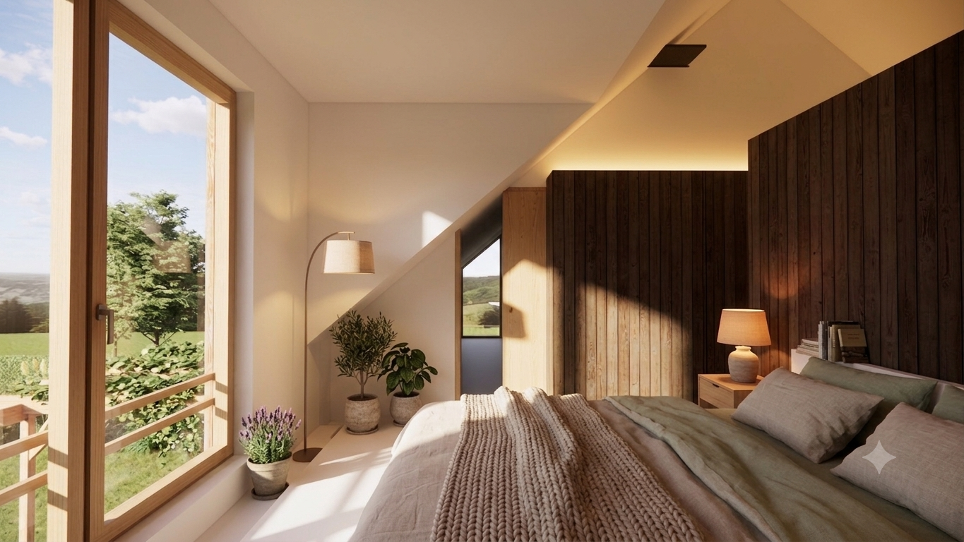 Slaapkamer onder het hellend dak met houten wandbekleding en groot raam op het landschap.