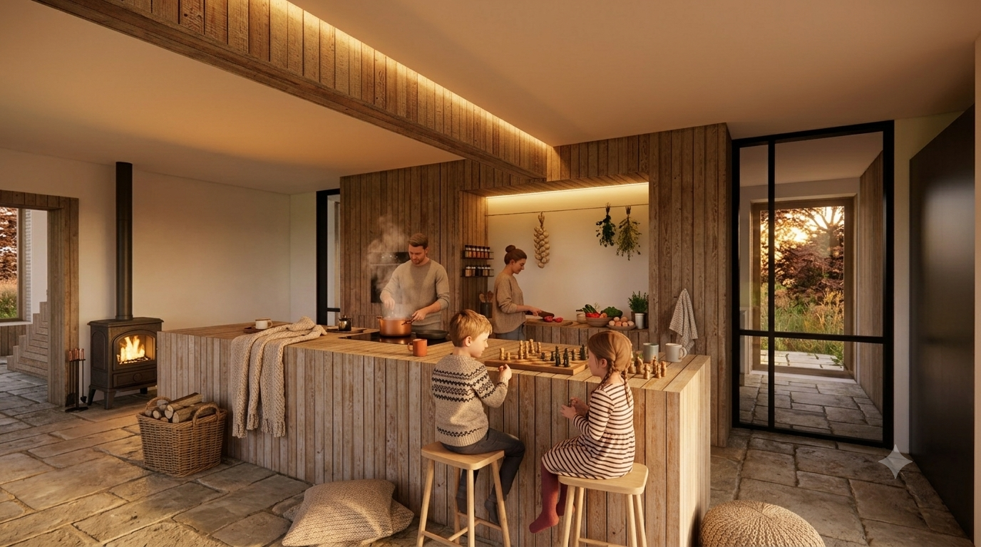 Open keuken met houten eiland, houtkachel en natuurstenen vloer in de gerenoveerde hoeve.