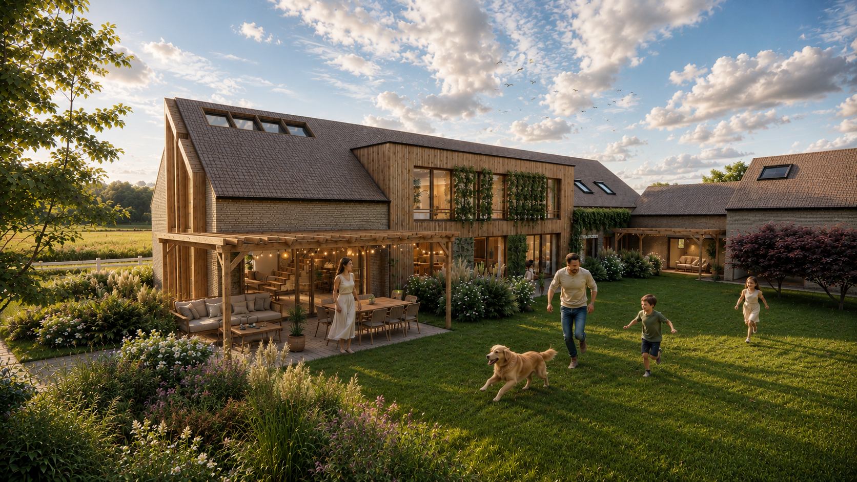 Achtergevel van de hoeve met houten pergola, terras en tuin die uitkijkt op het omliggende landschap.