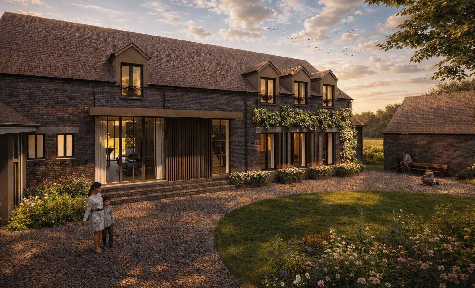 Gerenoveerde hoeve met moderne uitbouw in avondlicht — PLMR. Architecture & Design