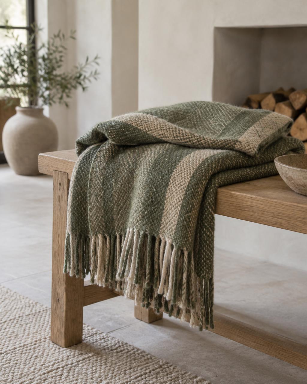 Mosgroene wollen plaid over een eiken bank